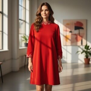 Vintage 1960's Herman Marcus Shift Dress Orange Beaded Collar Cuff Retro